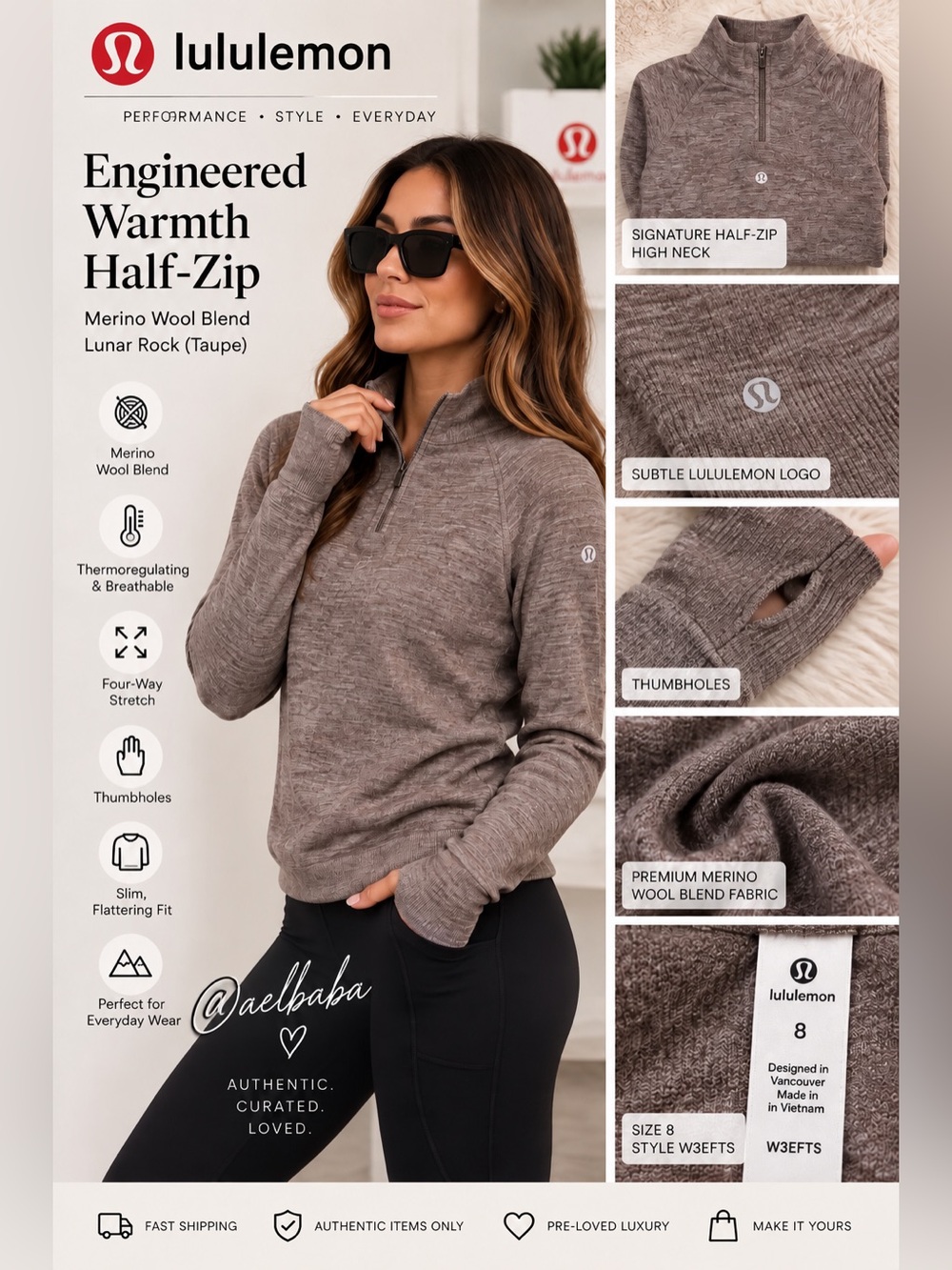 lululemon Engineered Warmth Merino Wool Half Zip Size 8 Lunar Rock